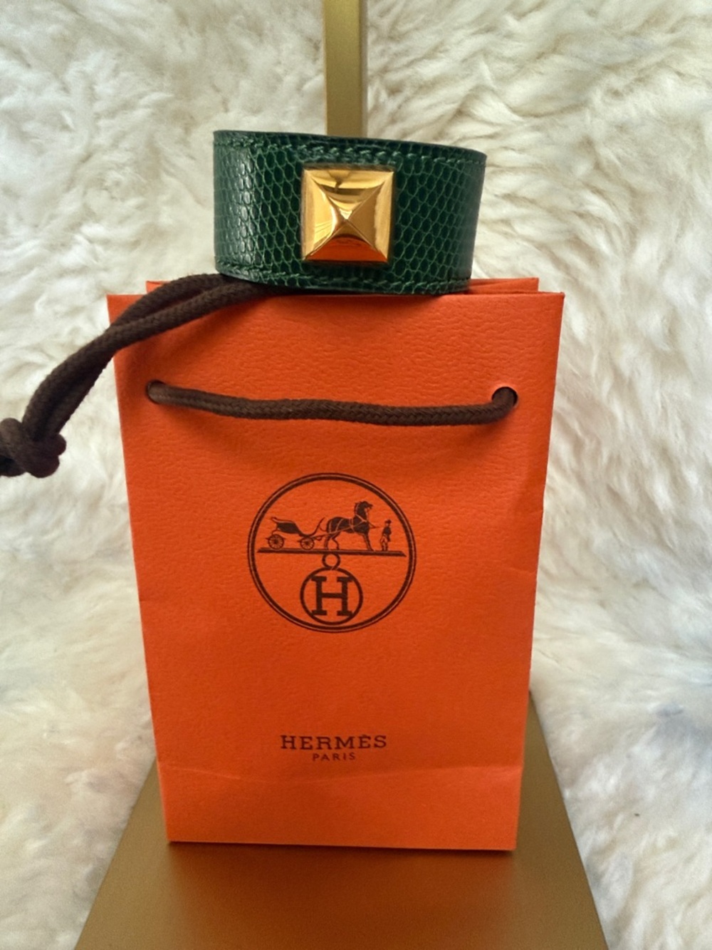 Hermes Dark Green Lizard Leather Cuff with Gold Pyramid Stud Small Authentic